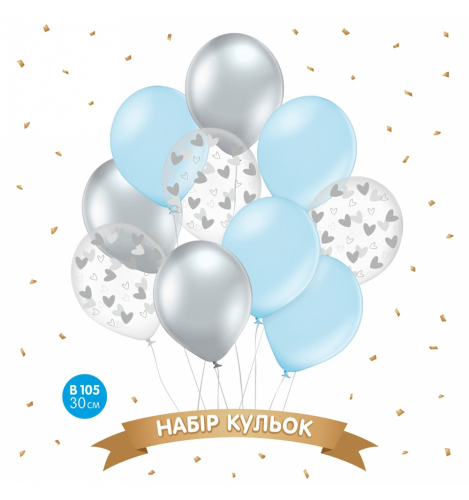 Кликните для увеличения изображения Набір латексних куль ТМ Sharoff (Срібні серця з блакитним) (10 шт/уп)