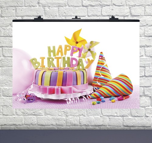 Плакат на день народження Happy Birthday торт рожевий фон 75х120 см