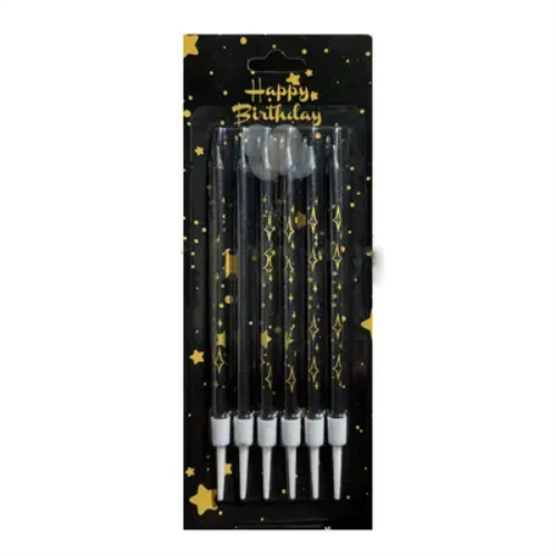 Свічки прямі чорні із золотими зірками (6 шт)