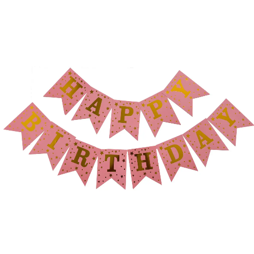 Гірлянда літери Happy Birthday рожева з золотими зірками