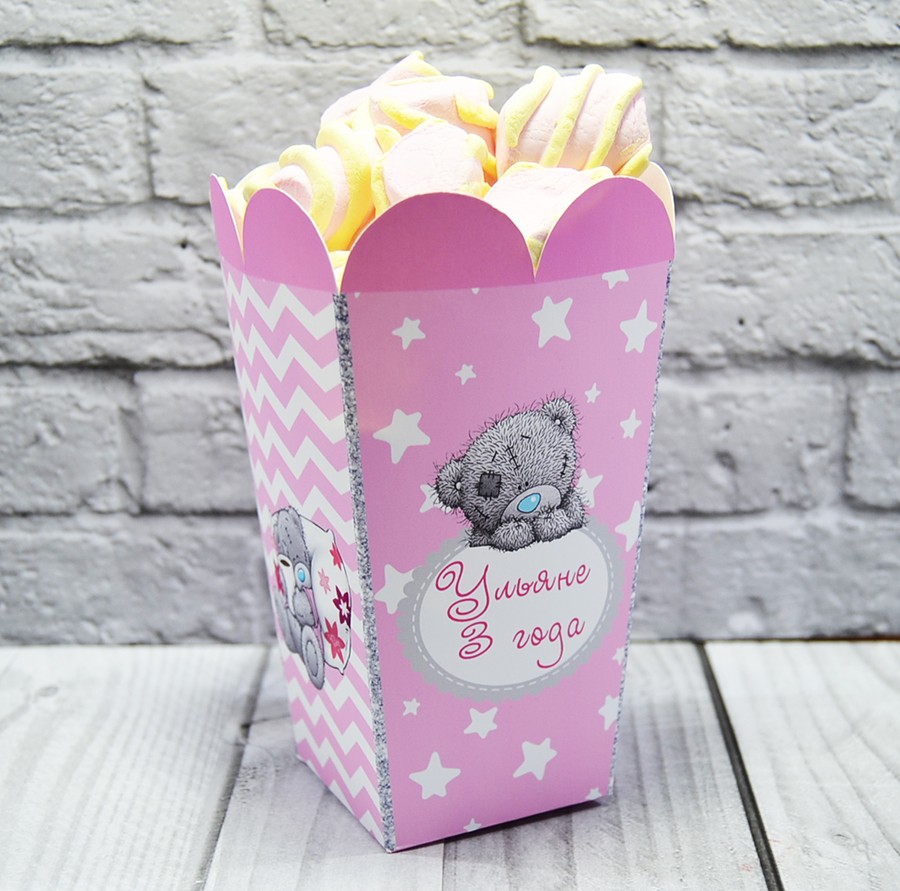 Именная коробочка для сладостей и попкорна Мишки Тедди (розовый)