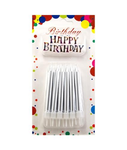 Свічки для торту Великі товсті Срібло металік + Напис Happy Birthday (12 шт)